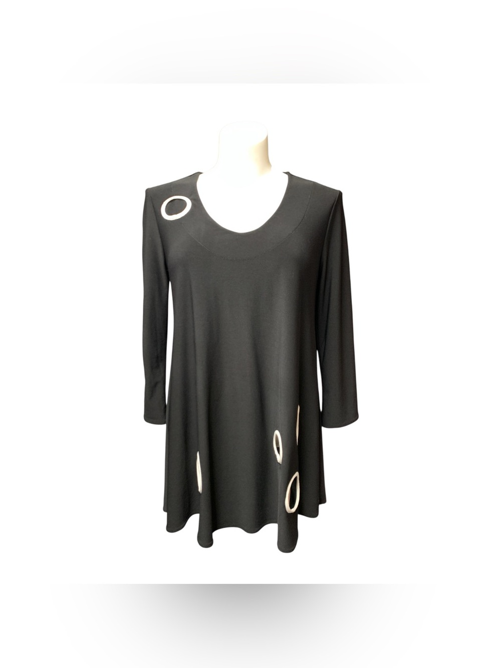 Joseph Ribkoff Black Long-Sleeve Scoop Neck Tunic with Cream Ring Accents Size M